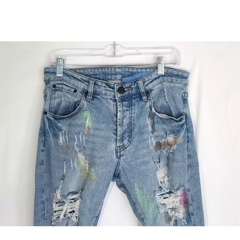Endless Mens Designer Destroyed Embroidered Applique Skinny Jeans 31 X 31 - Picture 3 of 8